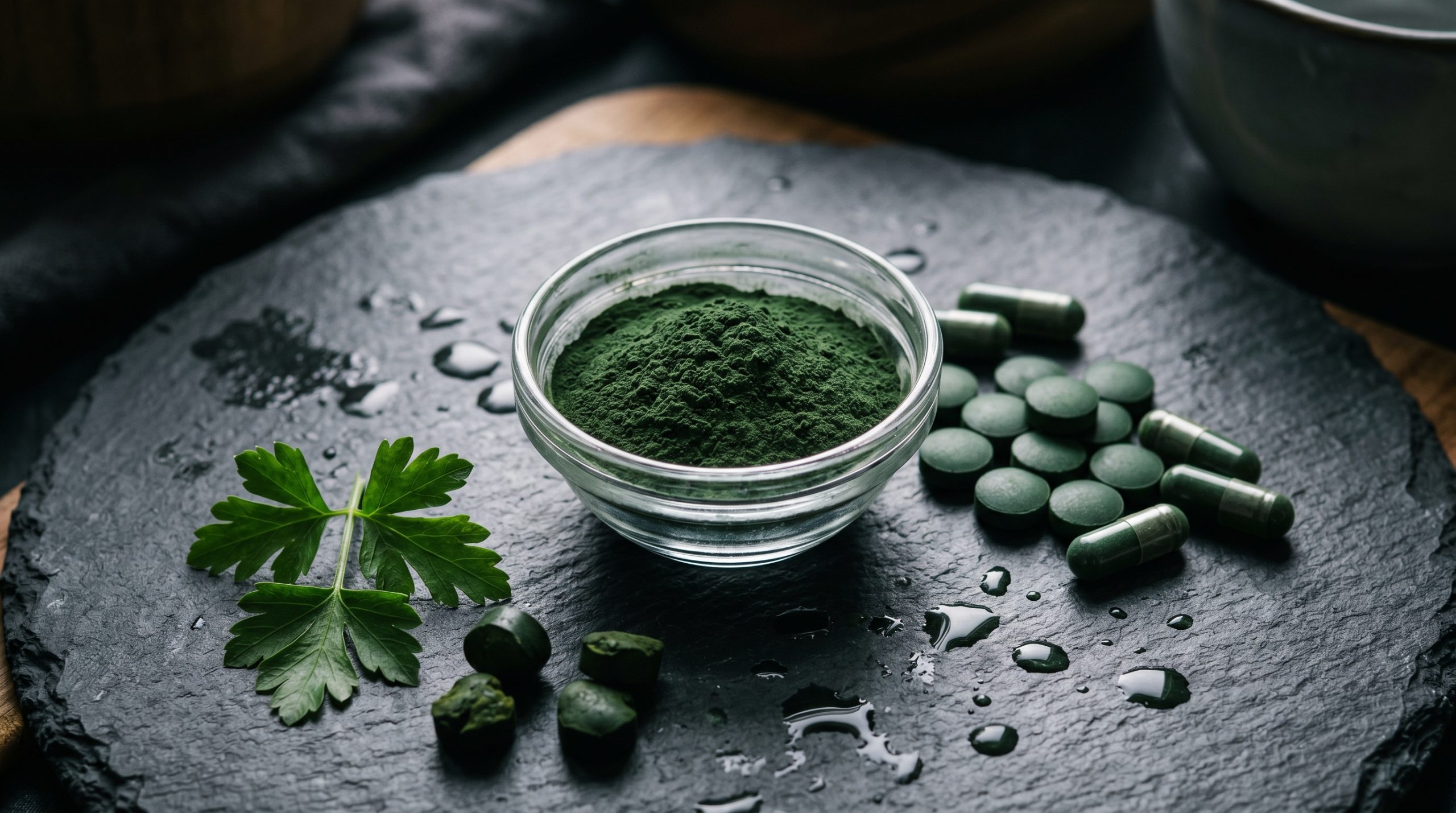 Chlorella pulver i skål med algetabletter på mørk skifer