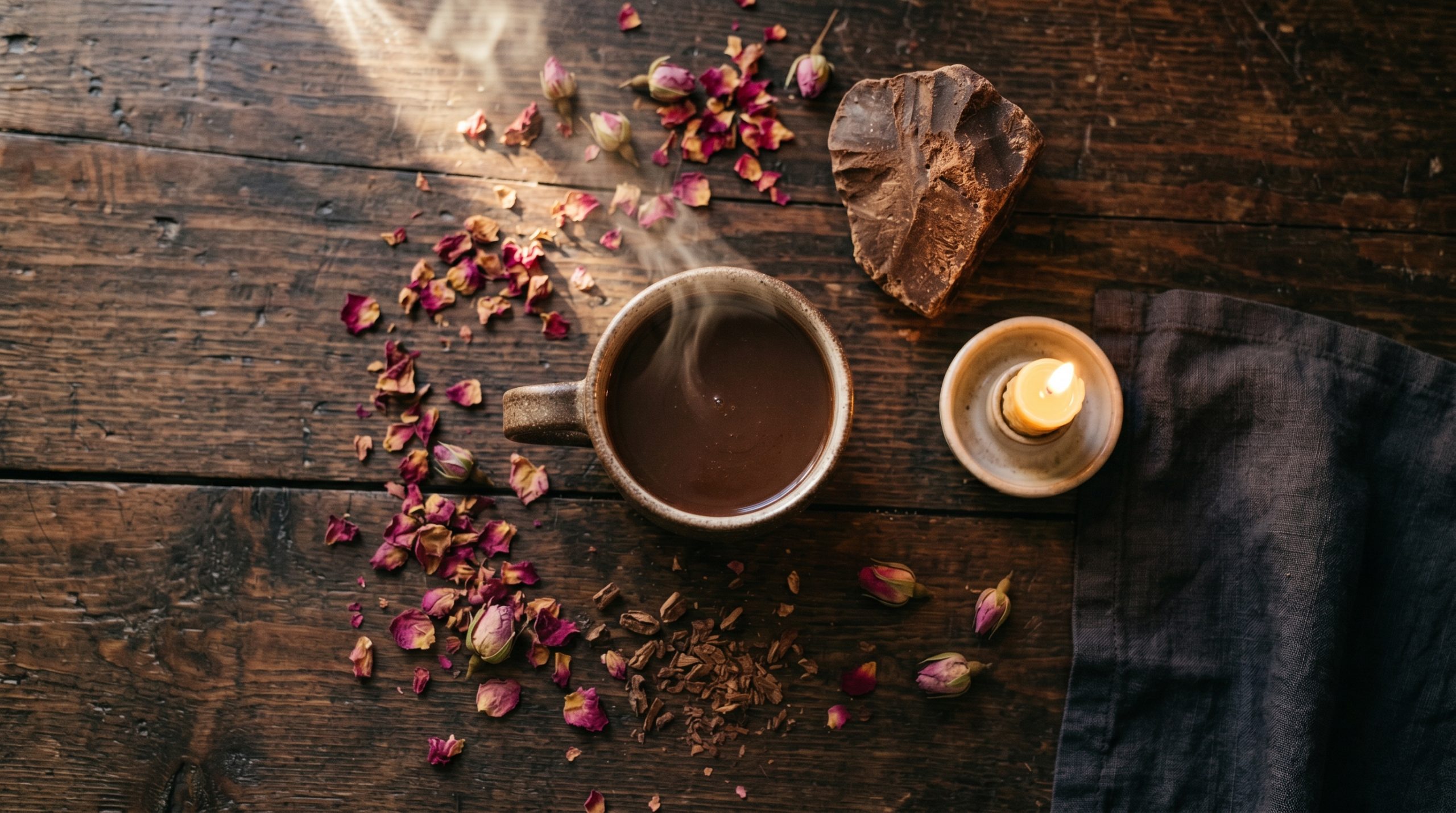 Kakao og meditation — ceremoniel kakao ritual med stearinlys og rosenblade