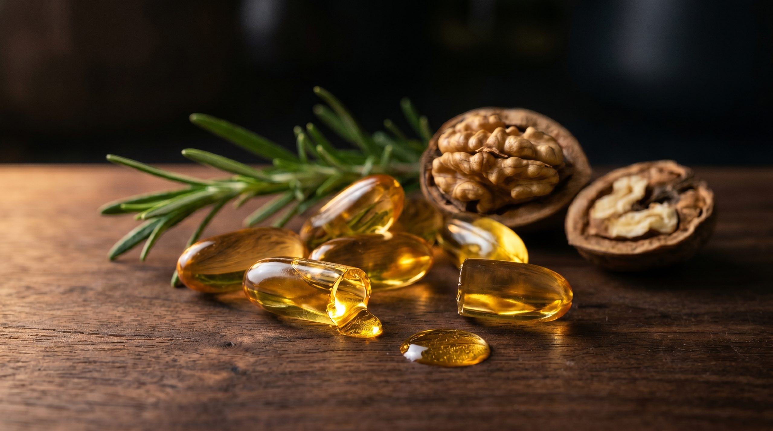 Omega-3 softgel kapsler med gyldent fiskeolie på mørkt valnøddetræ