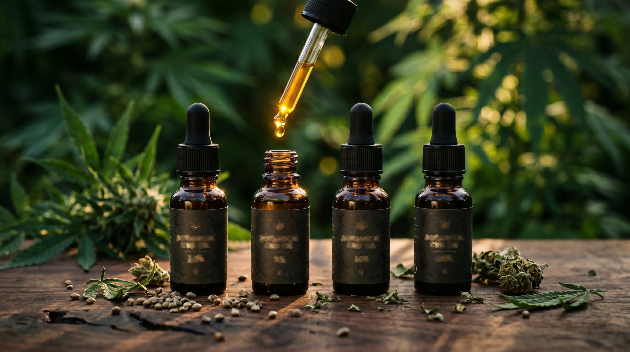 CBD olie køberguide 2026 - fire mørke amber glasflasker i en række