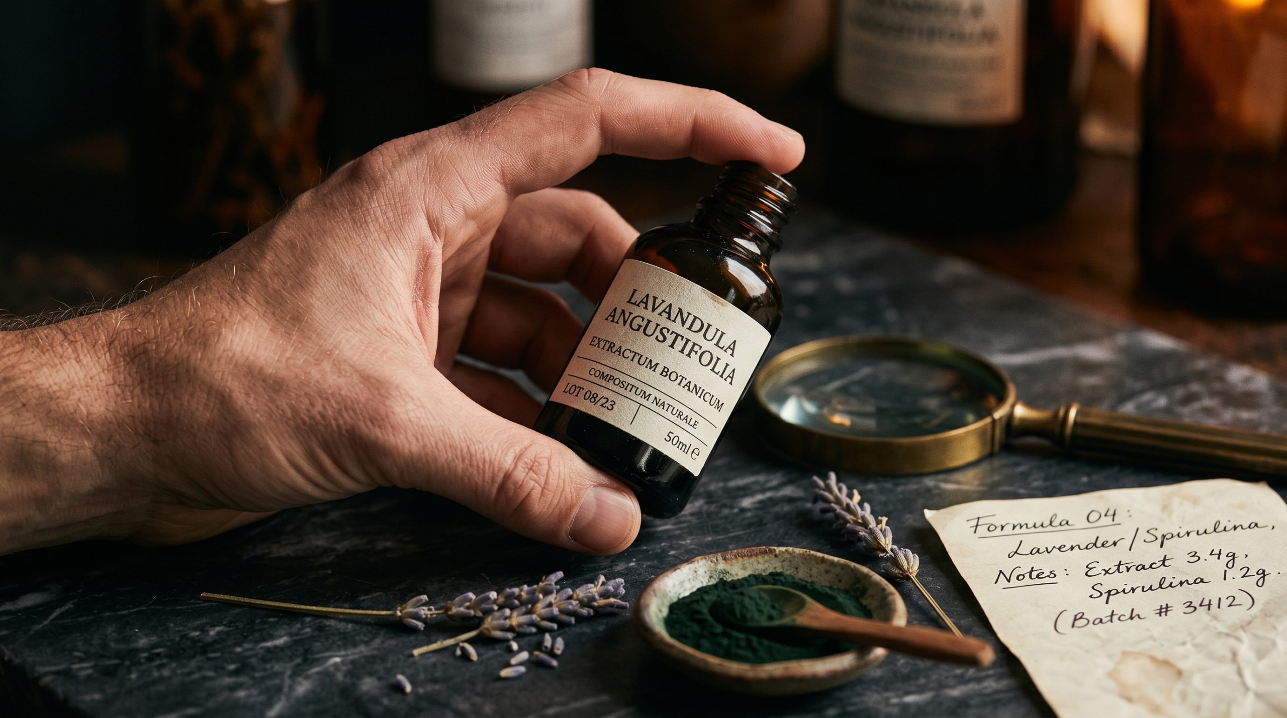 Sådan læser du ingredienslisten på naturprodukter - hånd med lup og botaniske elementer