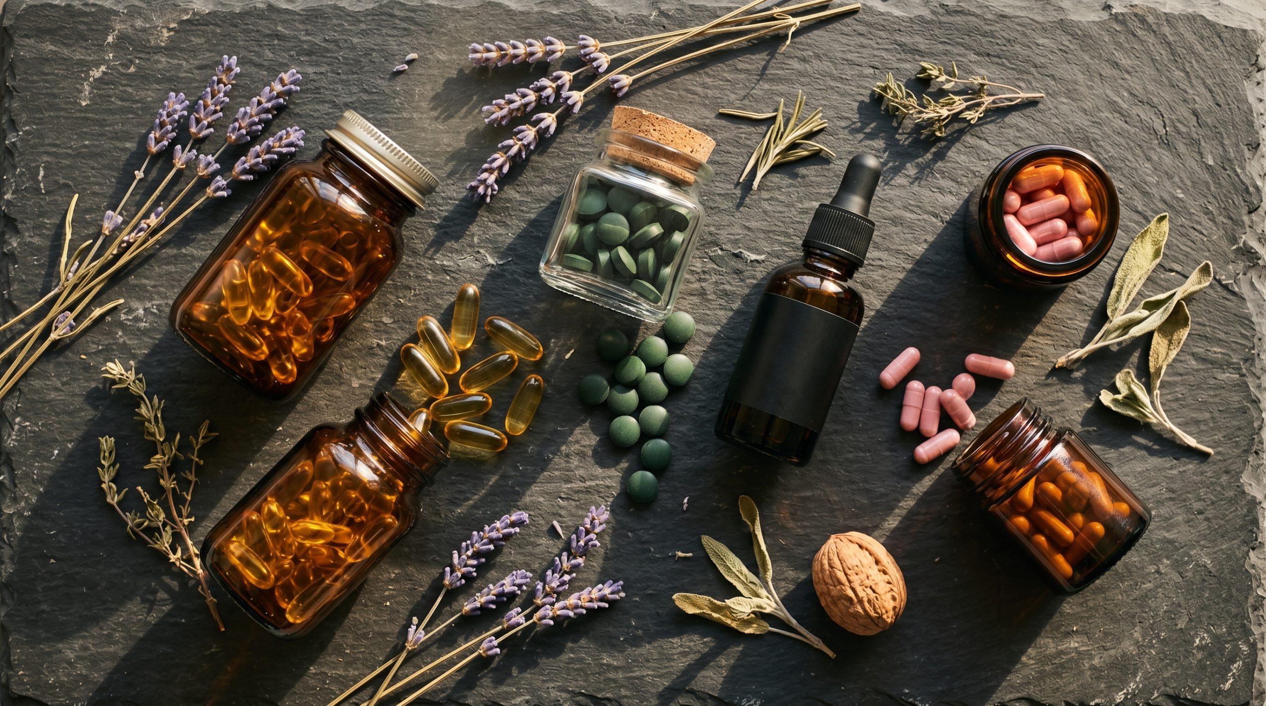 Naturlige kosttilskud begynderguide - supplement flasker på sort skifer