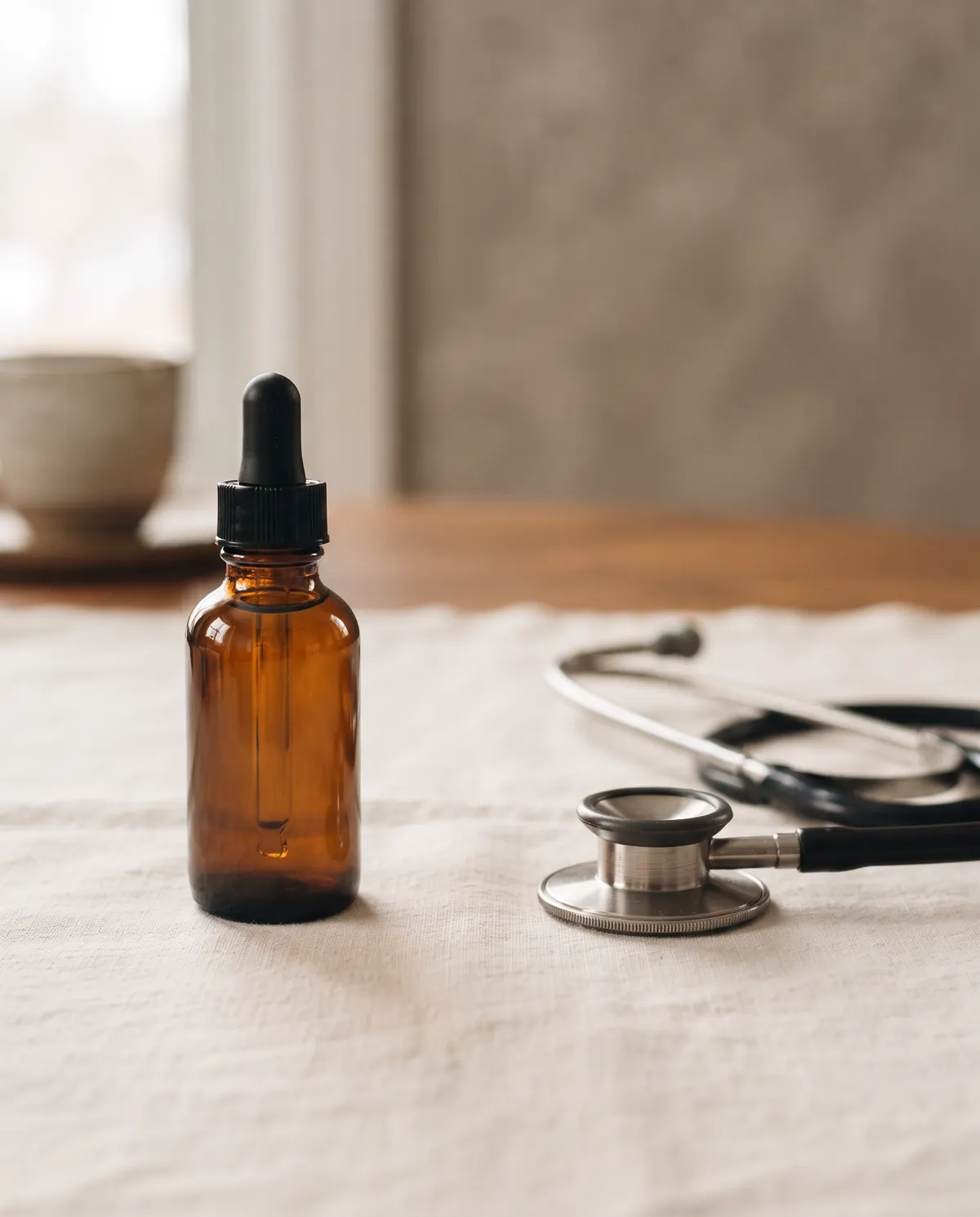 CBD-olie flaske ved siden af et stetoskop på et bord med hørdug
