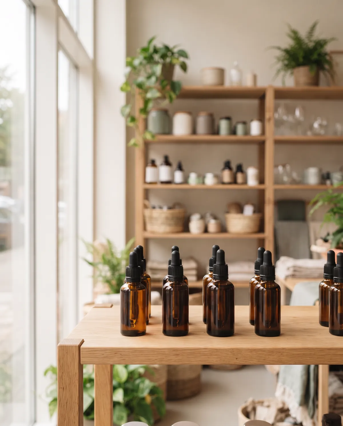 CBD-olie flasker på et træbord i en helsekostbutik