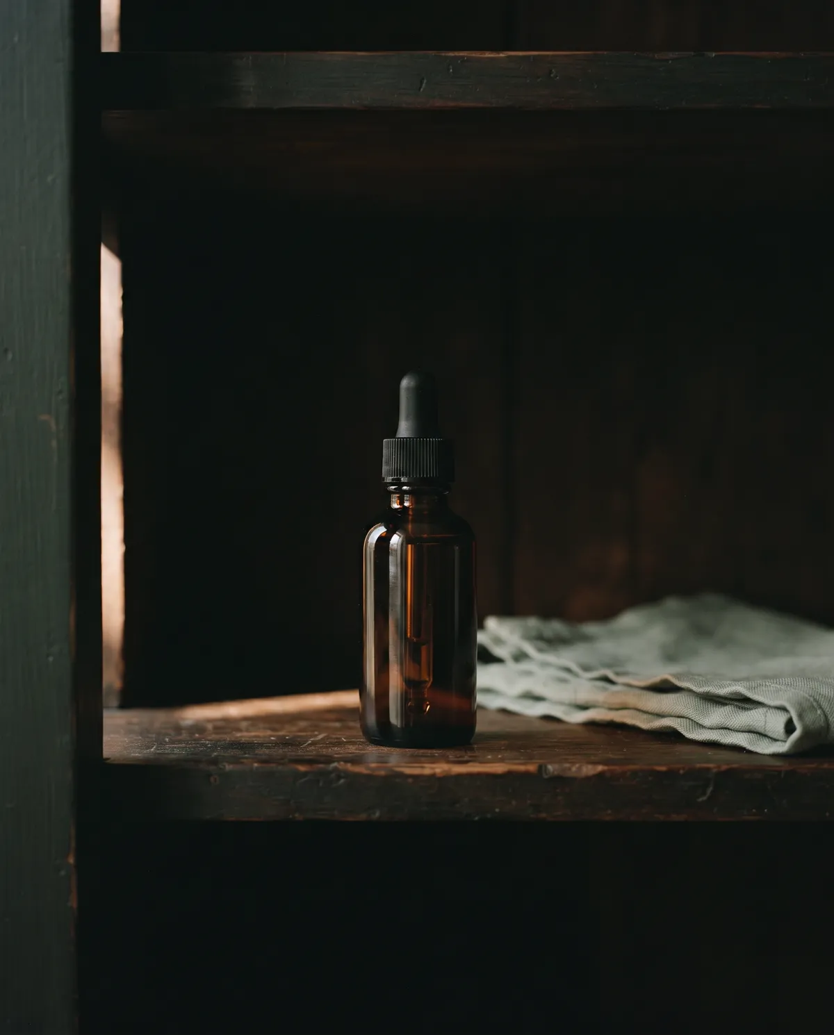 CBD-olie flaske opbevaret mørkt og køligt på en træhylde