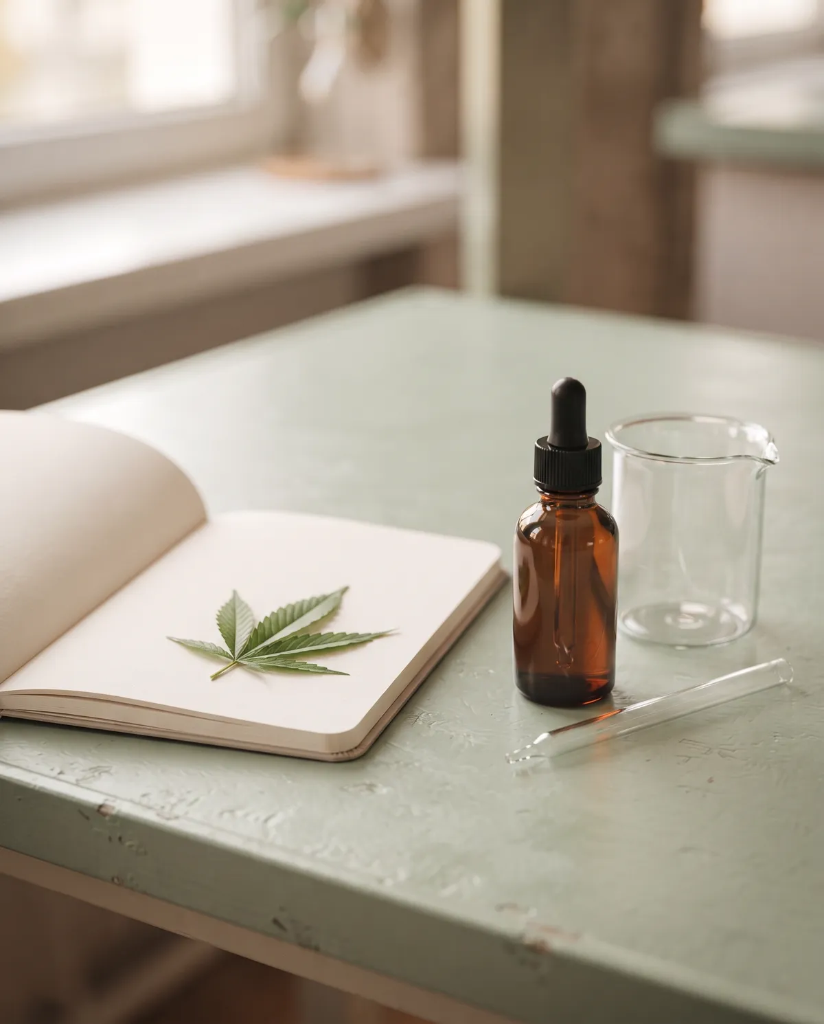 CBD-olie flaske med hampeblad, notesbog og bægerglas på et bord