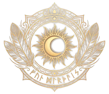 Indianer- og vikinge-emblem i guld: sol, måne, ørnefjer og runer